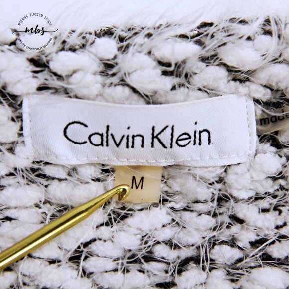 Calvin Klein Striped Fuzzy Crew Neck Long Sleeve Sweater Black White Women Size - Picture 9 of 11